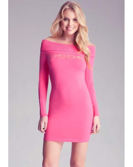 Bebe Off Shoulder Sweater Dress in Rose 