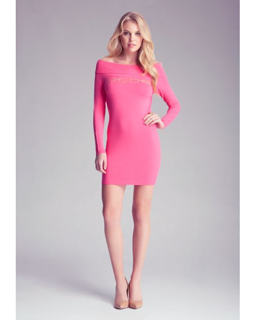 Bebe Off Shoulder Sweater Dress in Pink | Lyst