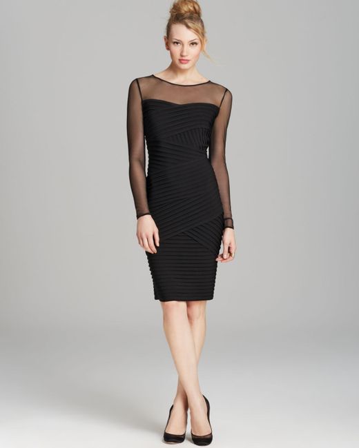 Calvin Klein Mesh Top Ribbed Dress in Black | Lyst