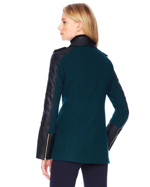 Michael Kors Michael Faux-leather-sleeve Wool Coat in Green | Lyst