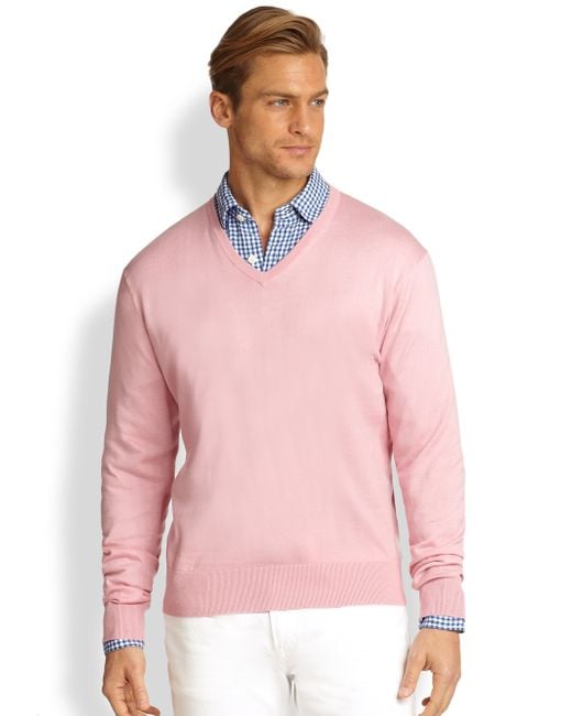 Polo Ralph Lauren Cotton V-neck Sweater in Pink for Men | Lyst