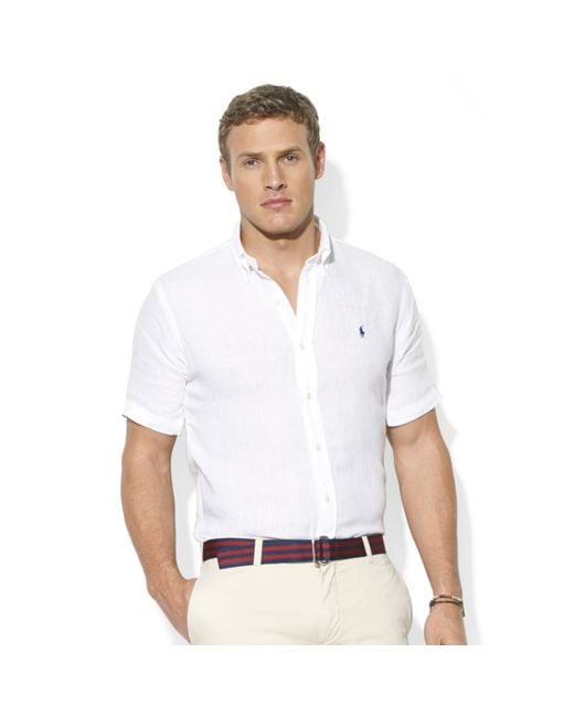 Ralph Lauren White Classic Fit Short Sleeve Solid Linen Sport Shirt for men
