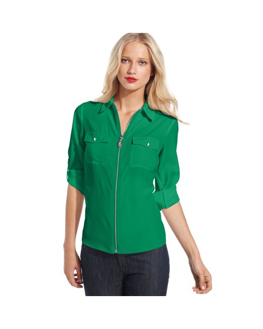 Michael Kors Long Sleeve Zip Front Shirt in Green | Lyst