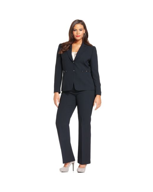 Tahari Plus Size Two Button Pinstripe Pant Suit in Blue