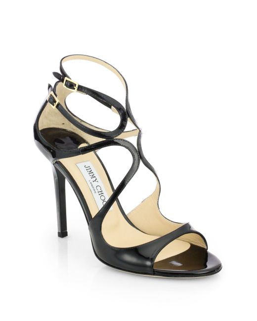 Jimmy choo Lang Strappy Patent Leather Sandals in Black | Lyst