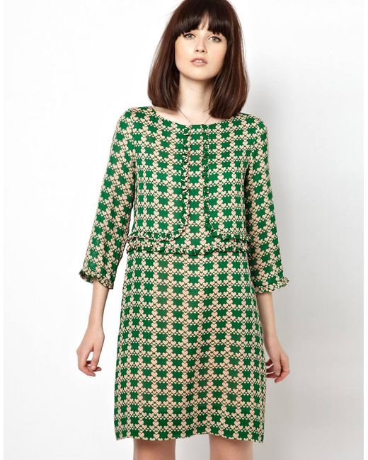 Orla Kiely Green Silk 60s Shift Dress in Houndstooth Heart Print