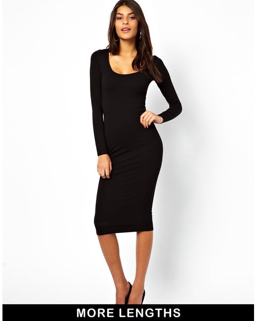 ASOS Midi Bodycon Dress with Long Sleeves in Black | Lyst