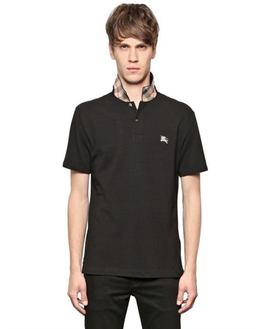 Burberry Brit Checked Under Collar Cotton Pique Polo in Black for Men | Lyst
