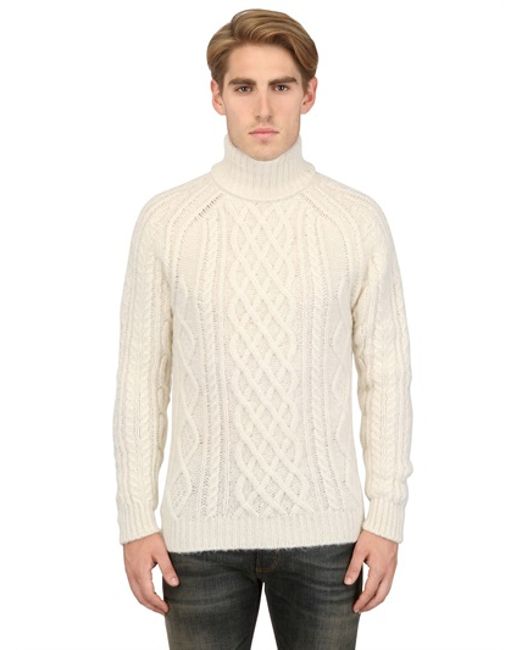 Dior Homme White Wool Silk Blend Cable Knit Turtleneck for men