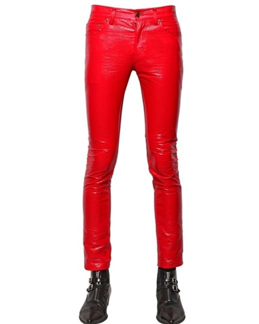 Saint Laurent Red Faux Patent Leather Skinny Jeans for men