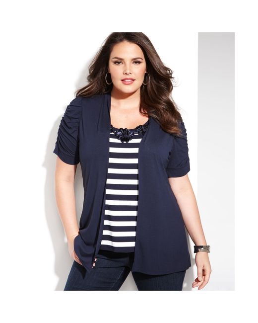 INC International Concepts Plus Size Shortsleeve Striped Layered Top in ...