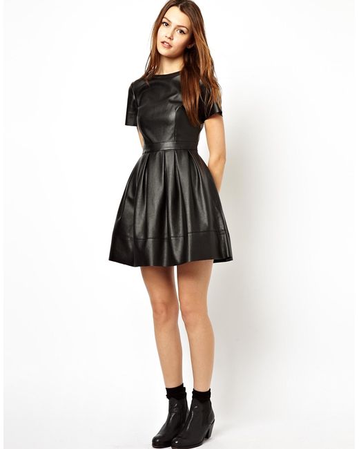 ASOS Asos Skater Dress in Leather Look in Black | Lyst