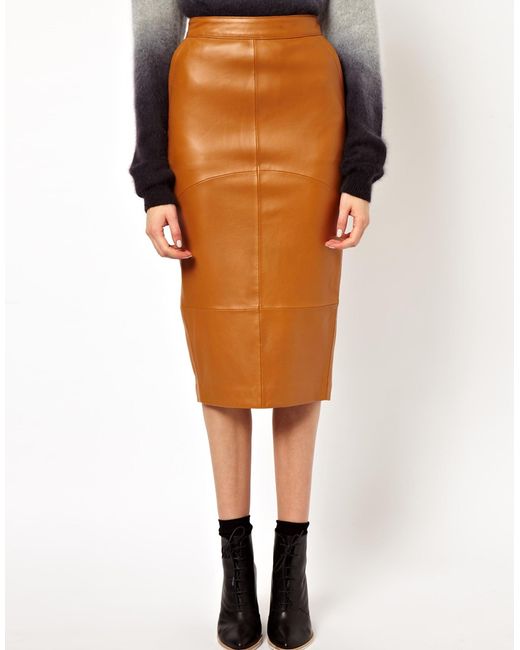 ASOS Brown Pencil Skirt in Leather