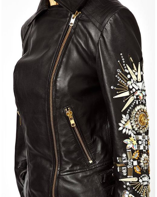 ASOS Black Leather Biker Jacket with Heavily Embellished Sleeve
