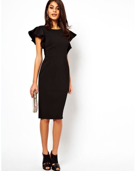 ASOS Black Pencil Dress with Ruffle Sleeves