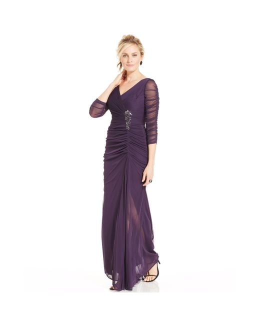 Adrianna Papell Purple Threequartersleeve Ruched Gown