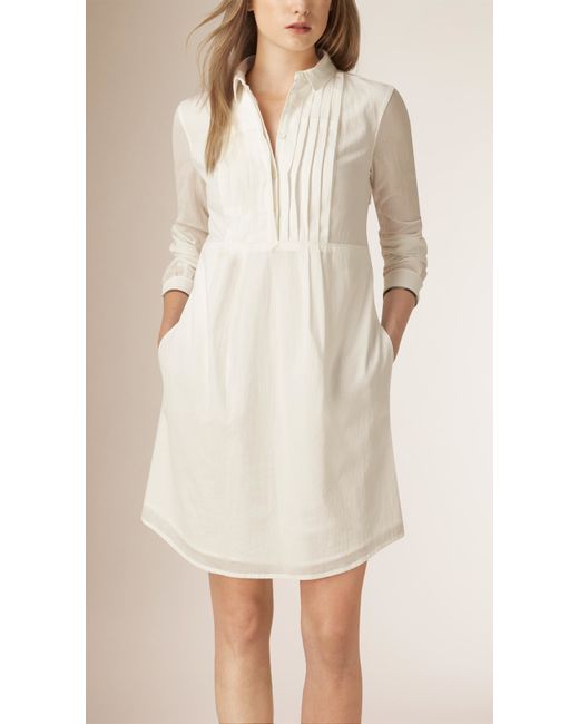 Burberry White Pleat Detail Cotton Shirt Dress