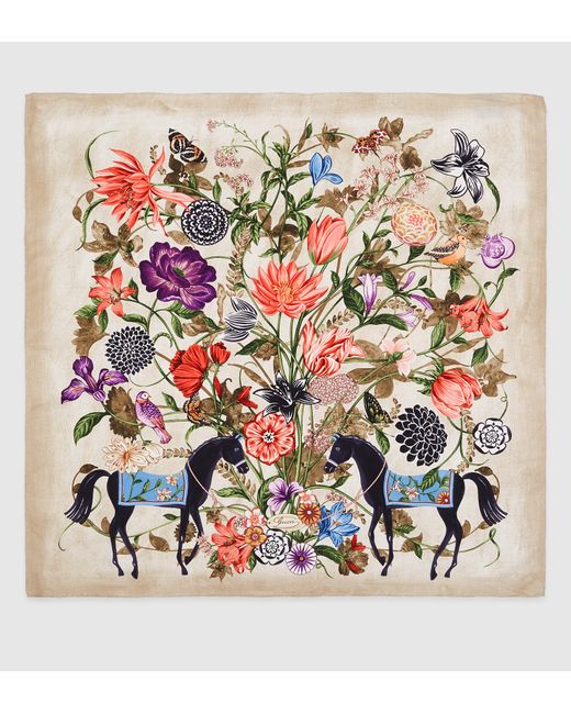 Gucci Silk Twill Garden Print Scarf in Natural