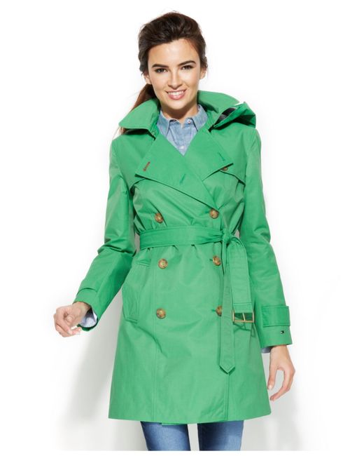 Tommy Hilfiger Green Petite Hooded Double-Breasted Belted Trench Coat