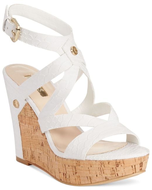 Guess Women'S Harlee Cork Platform Wedge Sandals in White | Lyst