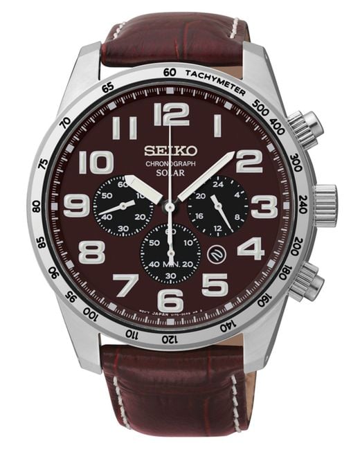 Seiko Men's Chronograph Solar Brown Leather Strap Watch 45mm Ssc227 for men