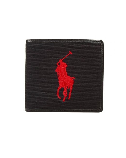 Polo Ralph Lauren Black Wallet Leather And Canvas With Big Pony Embroidery Credit Cards Slots for men