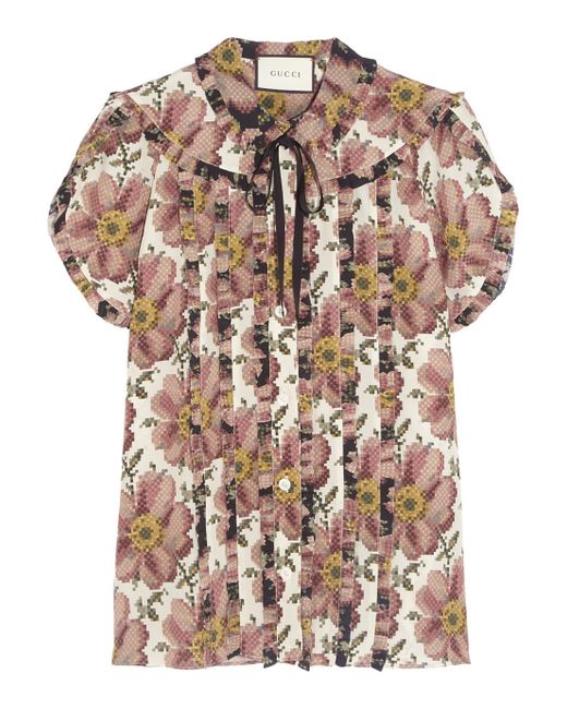 Gucci Pussy Bow gegolfde bloemen Print zijden Shirt In roze antieke roos
