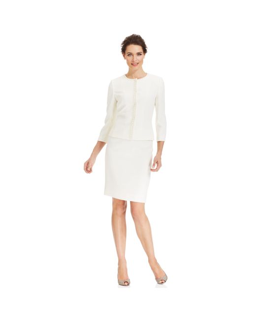 Tahari White By Asl Collarless Beaded Skirt Suit