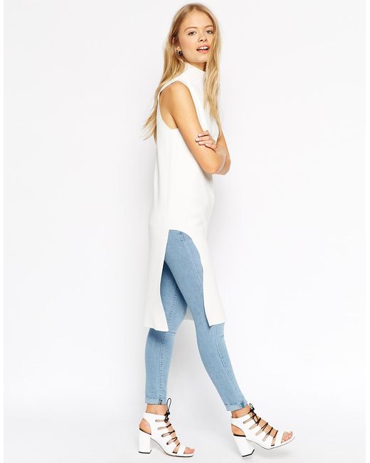 ASOS White Sleeveless Tunic In Structured Knit With Side Split And High Neck