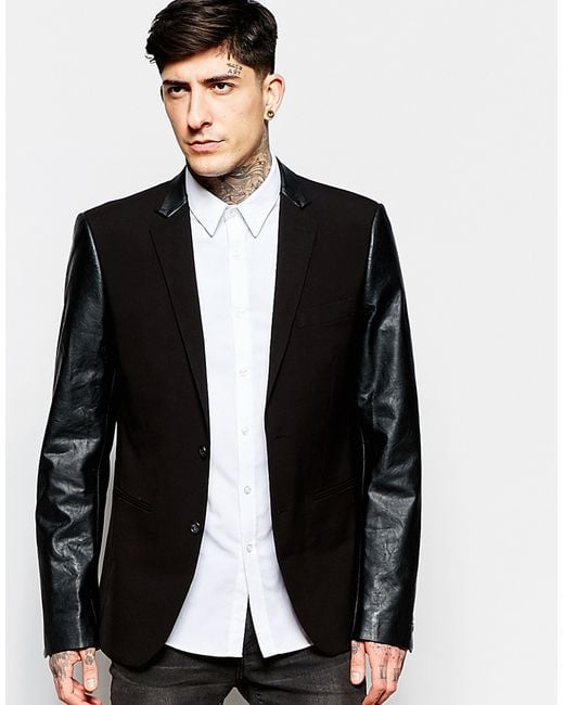 Lindbergh Black Blazer With Leather Sleeves for men
