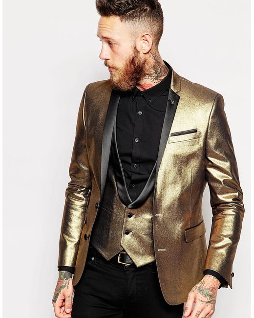 ASOS Black Super Skinny Blazer In Gold Velvet for men