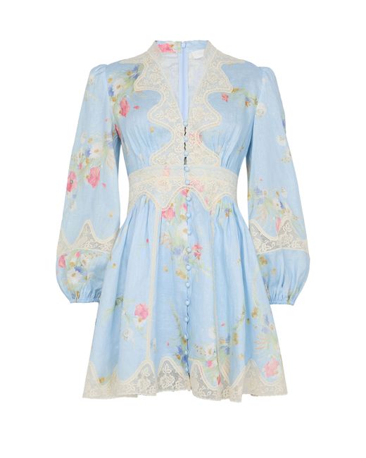 Zimmermann Blue Minikleid Lucky Mit Plunge-Ausschnitt Und Spitze