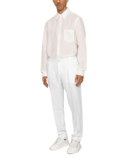 Dolce & Gabbana White Martini Linen Blend Shirt With Dg Embroidery for men
