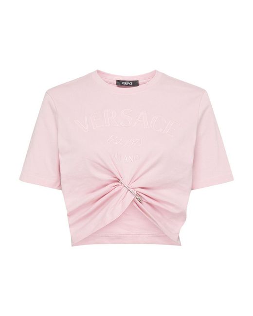 Versace Pink Milano Logo Embroidered Jersey T-shirt