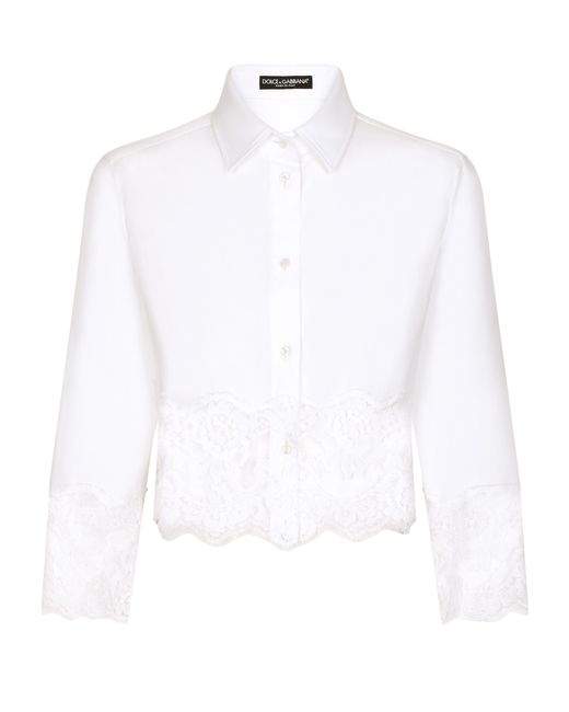 Dolce & Gabbana White Cropped Poplin Shirt With Lace Inserts