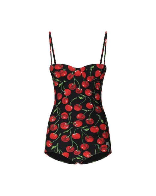 Dolce & Gabbana Red Cherry-Print Balconette One-Piece Swimsuit
