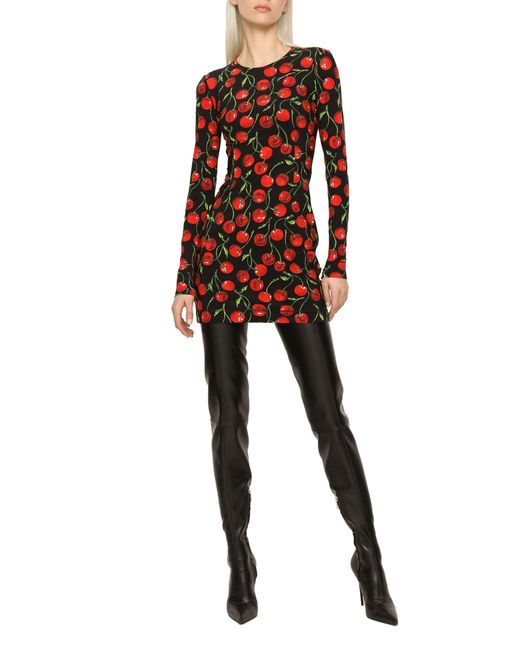 Dolce & Gabbana Red Short Long-Sleeved Jersey Dress With Cherry Print