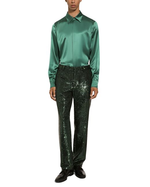 Dolce & Gabbana Green Silk Satin Martini-Fit Shirt for men