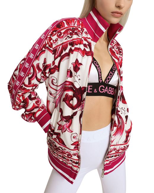 Dolce & Gabbana Red Cady Sweatshirt With Maiolica Print And Zip