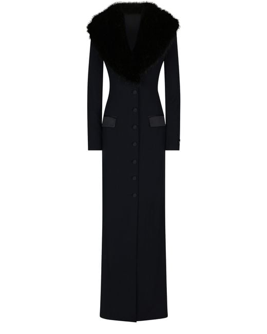 Dolce & Gabbana Black Long Silk Georgette Coat With Faux Fur Collar