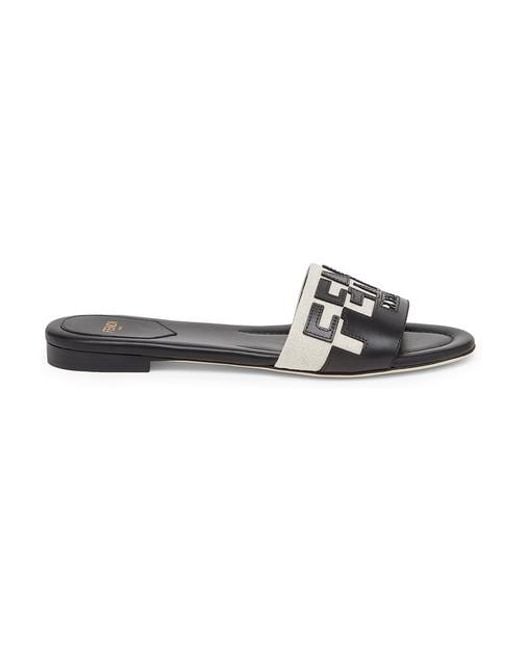 Fendi Canvas And White Leather Slides in Black | Lyst