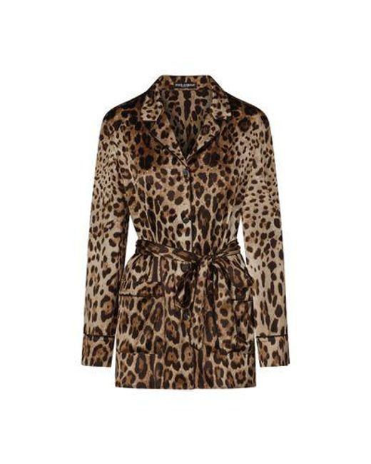 Dolce & Gabbana Brown Leopard-print Satin Pajama Shirt With Belt