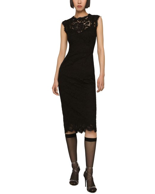 Dolce & Gabbana Black Branded Stretch Lace Calf-length Dress