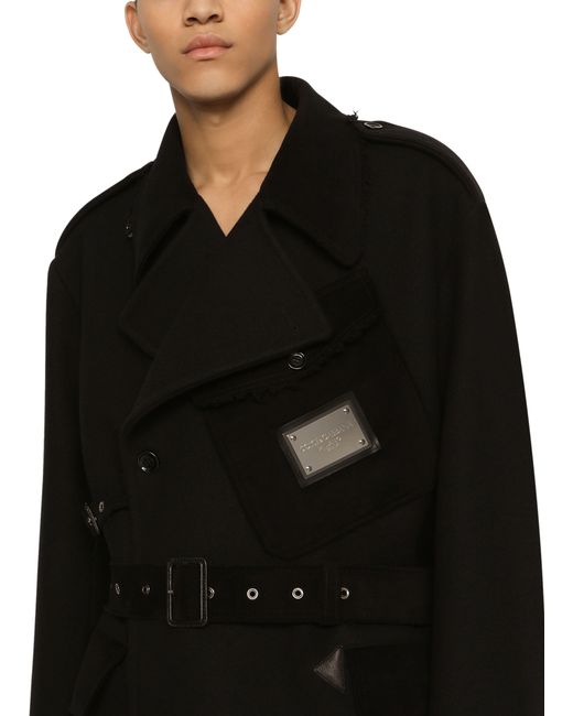 Dolce & Gabbana Black Double-Breasted Baize Trench Coat With Logo Label for men