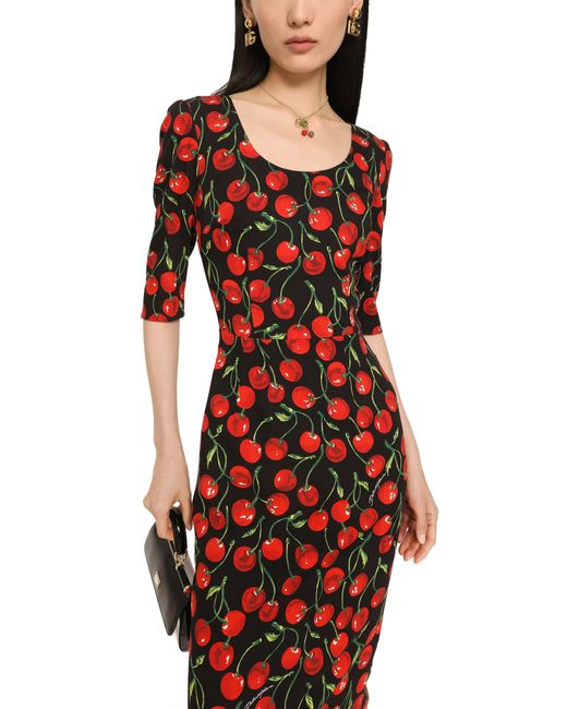 Dolce & Gabbana Red Longuette-Kleid Aus Charmeuse Kirschenprint
