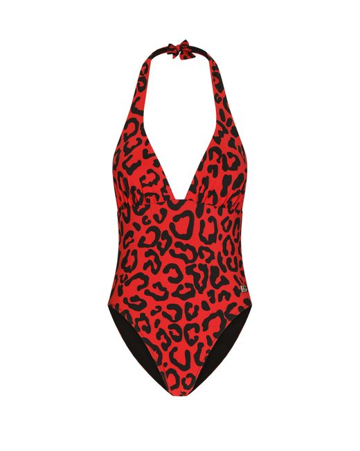 Dolce & Gabbana Red Einteiliger Badeanzug mit Leopardenmuster und tiefem Dekolleté