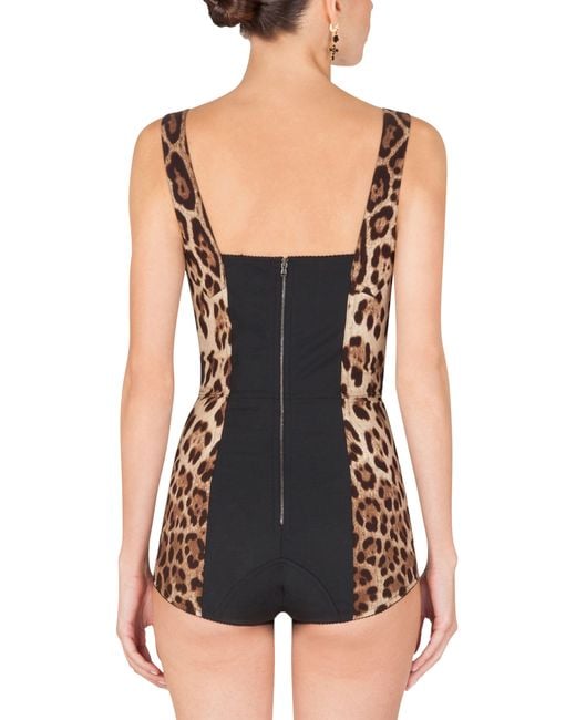 Dolce & Gabbana Brown Bodysuit aus Charmeuse mit Leopardenprint