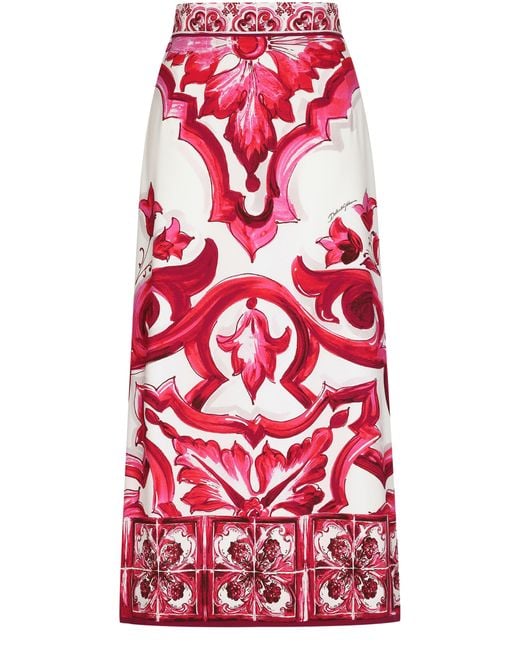 Dolce & Gabbana Red Longuette-Rock Aus Charmeuse Majolika-Print Mit Schlitz