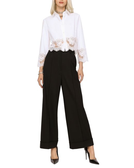 Dolce & Gabbana White Cropped Poplin Shirt With Lace Inserts