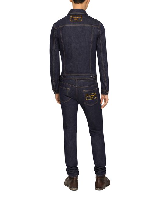 Dolce & Gabbana Blue Flocked Logo Plaque Skinny Denim Stretch Jeans for men
